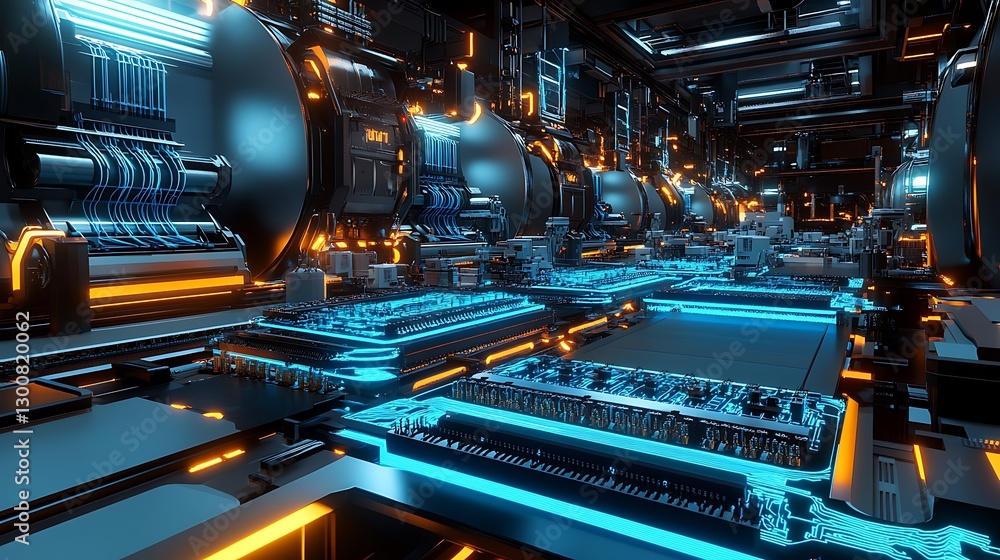 Poster a futuristic motherboard factory where robotic precision is displayed as components are assembled wi