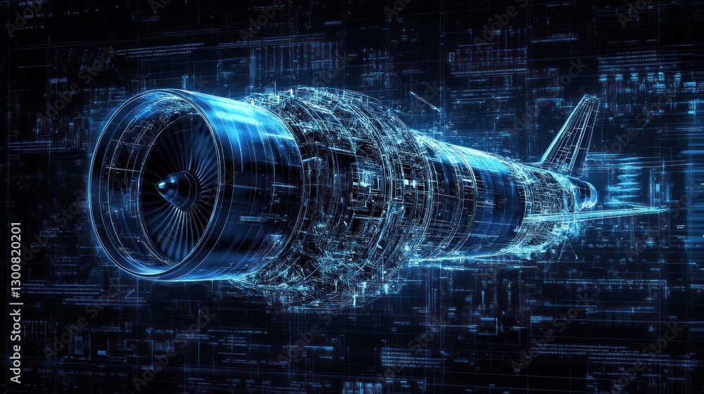 Poster a digital rendering of a jet engine showcasing intricate details and futuristic design.