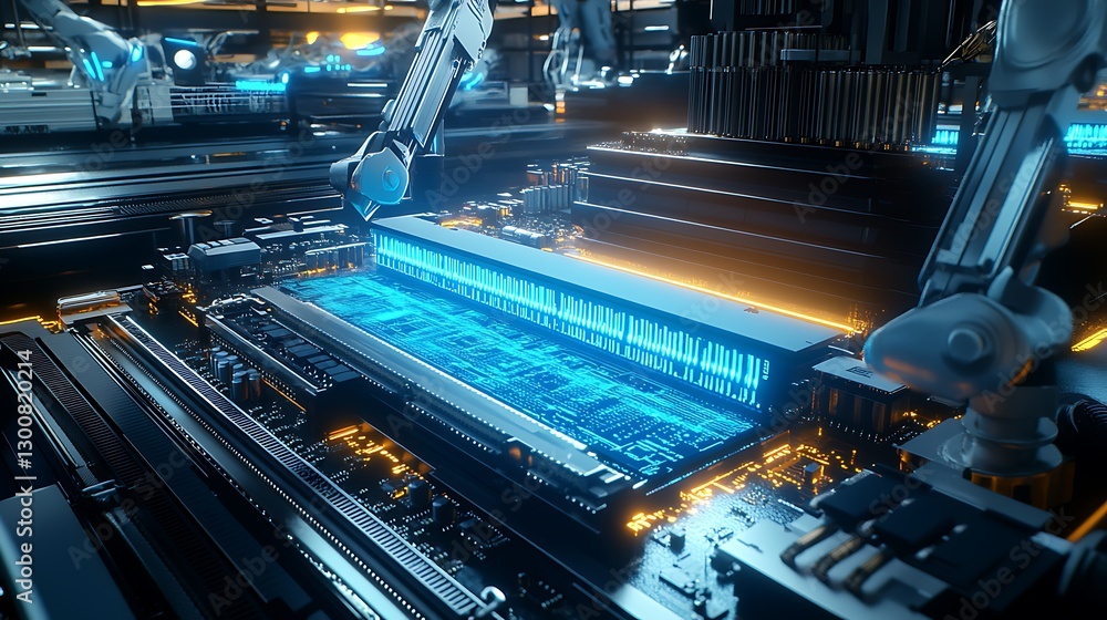 Poster a futuristic motherboard factory where robotic precision is displayed as components are assembled wi