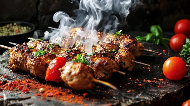 Delicious shashlik, a traditional Middle Eastern dish, served with tomatoes and fresh parsley.