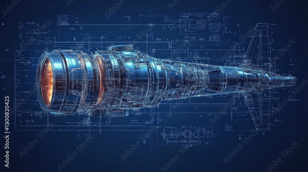Poster a 3d holographic representation of a missile with technical schematics in the background.