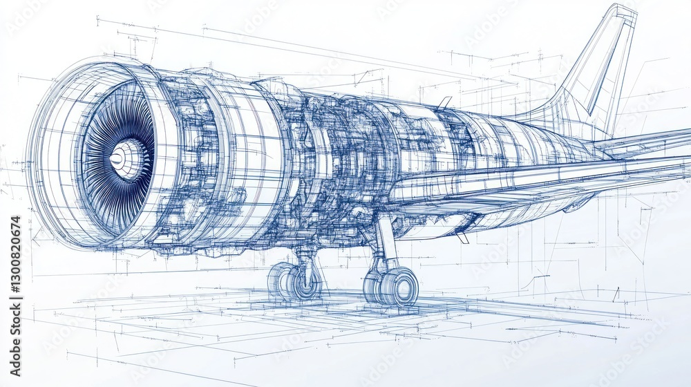 Poster a technical blueprint of an aircraft engine showcasing its design and structure.