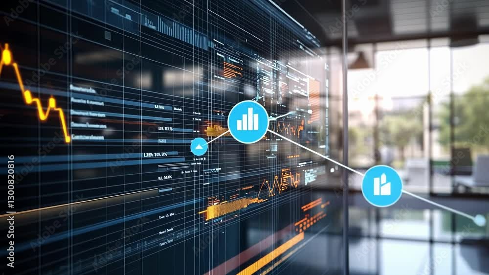 Poster digital interface displaying complex data analysis with graphs and charts. high tech environment emp