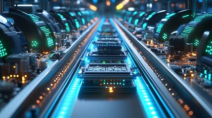 A futuristic view of motherboards on a conveyor belt passing through quality control scanners glowing with blue and green lights
