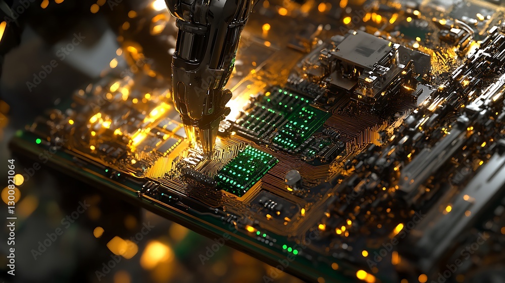 Poster a high-resolution close-up of a robotic soldering process, with intricate gold and green circuits gl