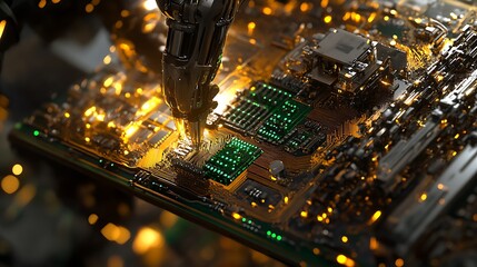 A high-resolution close-up of a robotic soldering process, with intricate gold and green circuits glowing under precise industrial lighting