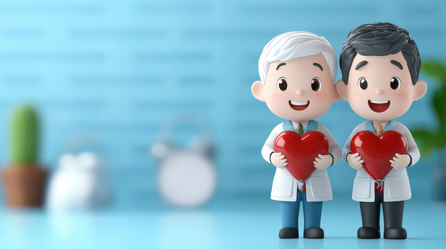 Two cartoon doctors holding red heart shapes, smiling in medical setting, promoting blood donation campaign. background is soft blue with blurred medical equipment