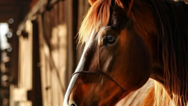 Beautiful horse in the paddock. The concept of breeding purebred animals, can be used for materials about equestrian sports, agriculture business and horse farm.
