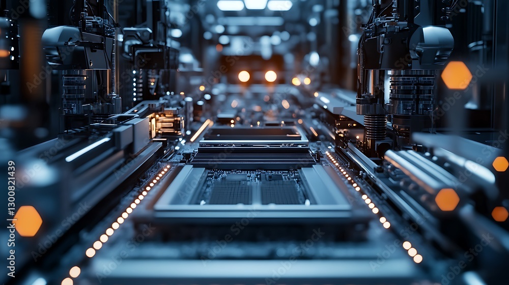 Poster a high-resolution image of a motherboard assembly line featuring intricate machinery and bright led 