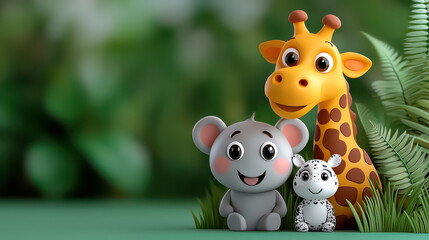 cute cartoon jungle scene with smiling giraffe, koala, and leopard cub surrounded by lush greenery. vibrant colors and playful expressions create joyful atmosphere