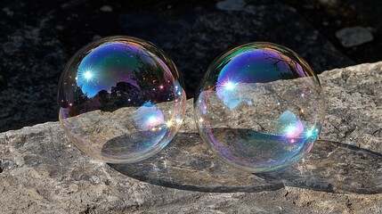Two iridescent bubbles rest on stone surface reflecting light and surrounding scenery fleeting moment