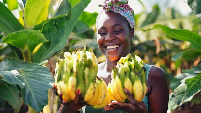 Smiling African woman holding bananas in her hands. Harvest and gathering fruits concept.
