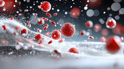 dynamic microscopic view of red particles and glowing elements in motion, resembling virus spreading in fluid environment. image captures vibrant and energetic movement of these particles
