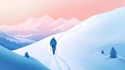 Lone man hikes up a snowy mountain trail, facing away, highlighting solitude and perseverance in a winter landscape. Isolation - Cave. Illustration