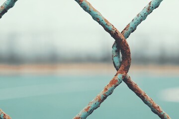 Rusted fence surrounding a calm blue court area. Generative AI