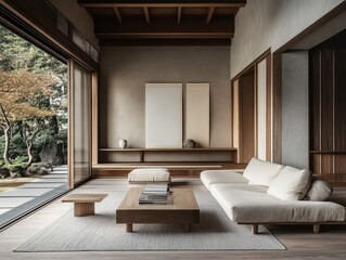 A contemporary interior depicts a minimalist and open living area
