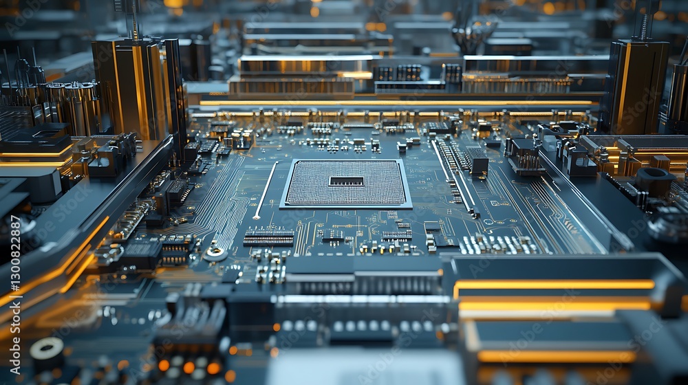 Poster a high-tech motherboard manufacturing plant where automated tools are synchronizing to build a compl