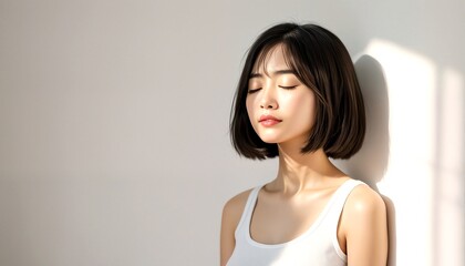 Obraz premium A portrait of two young Asian women with short hair, wearing white tank tops and posing against a beige wall.