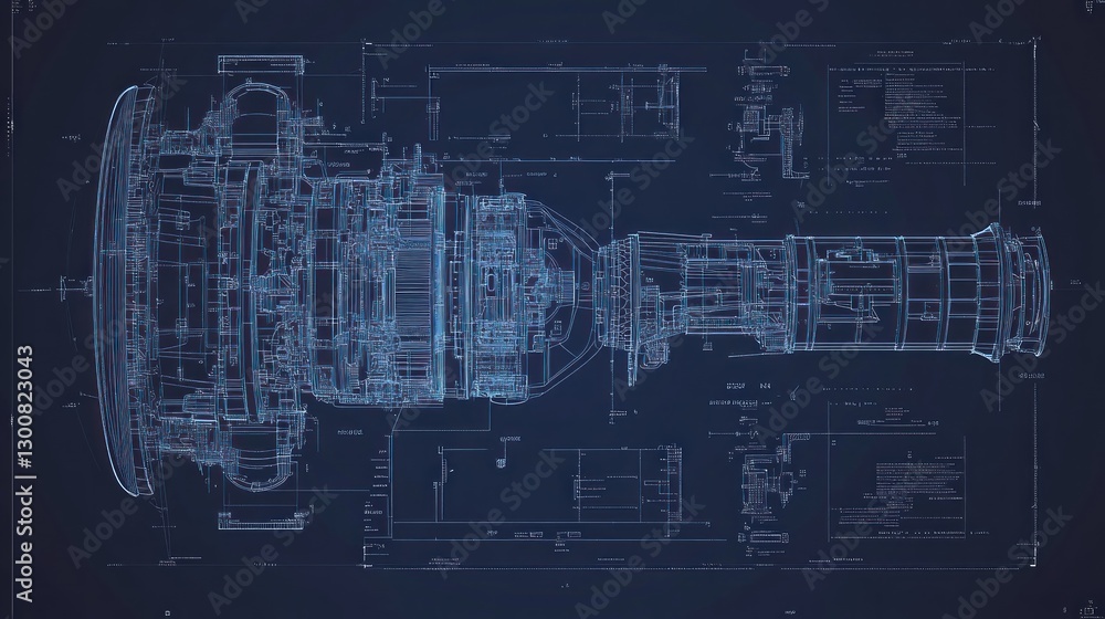 Poster a technical blueprint of a complex mechanical component.