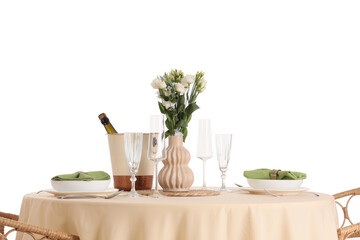 Restaurant table setting with flowers and champagne on white background