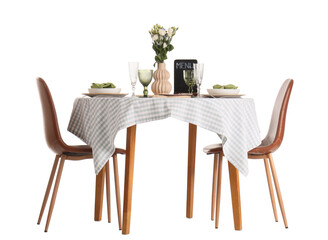 Served restaurant table with flowers on white background