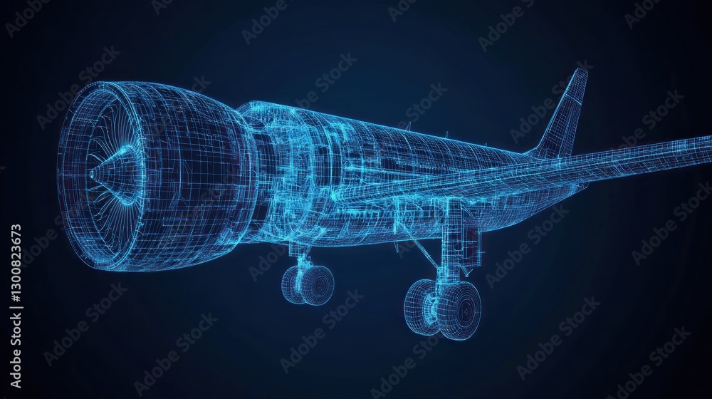 Poster a 3d wireframe model of an airplane engine showcasing its design and structure.
