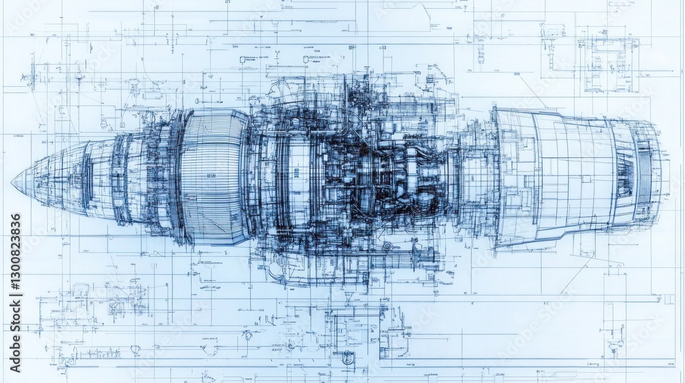 Poster technical blueprint of a rocket engine showcasing detailed engineering design.