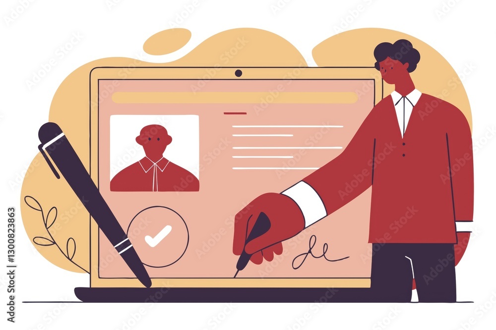 Poster a digital illustration of a person signing a document on a laptop, featuring a profile picture and a