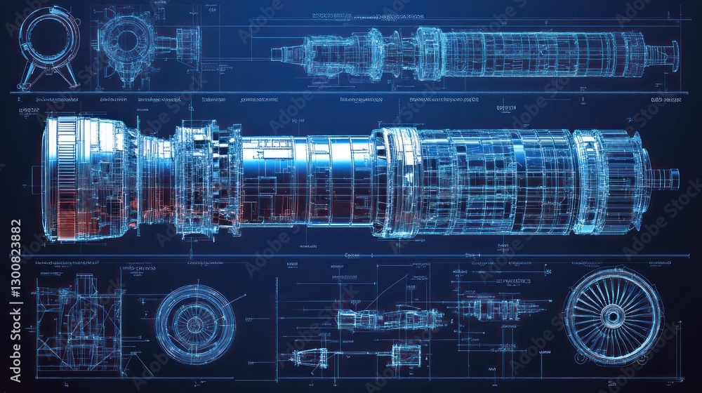 Poster a technical blueprint of a turbine engine, showcasing its design and components.