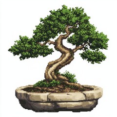 Pixelated Bonsai Tree In Stone Pot