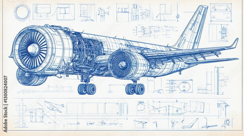 Poster technical blueprint of an aircraft engine with detailed components and measurements.