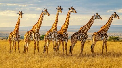 Group of giraffes in african savannah at sunset