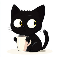 Grumpy cartoon black cat drinking from a mug of coffee