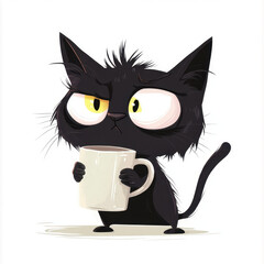 Grumpy cartoon black cat drinking from a mug of coffee