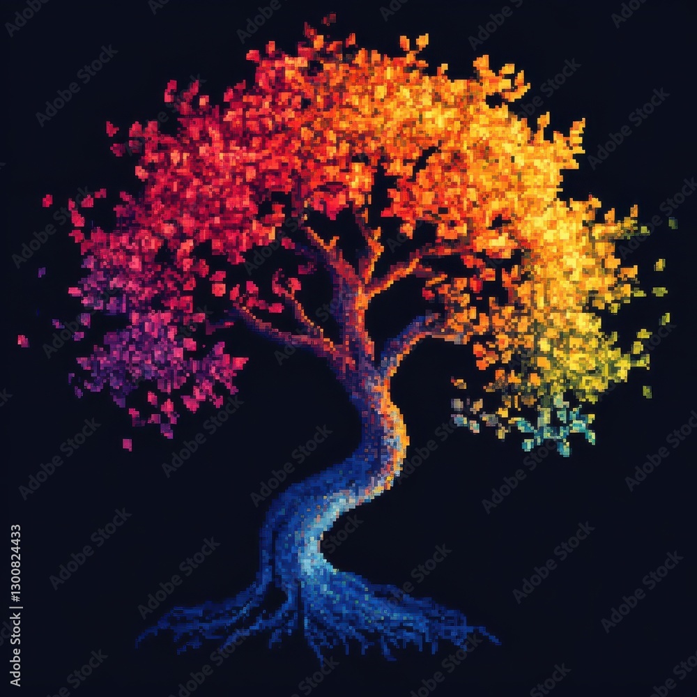 Poster a vibrant pixelated tree displays a spectrum of colors