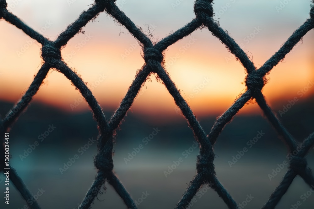 Poster sunset through a netted fence creates a dreamy view. generative ai
