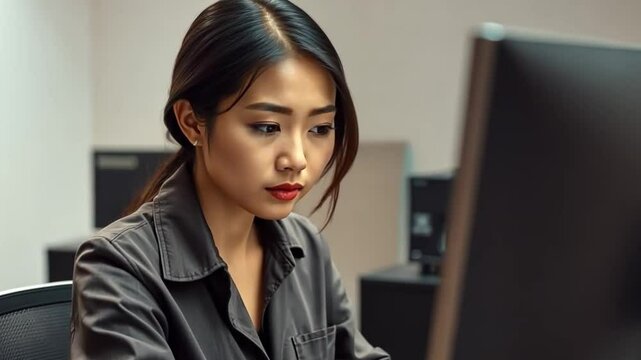 A smiling businesswoman at her office desk is typing on a komputer