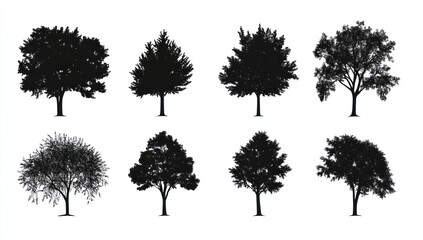 Fototapeta premium Eight diverse tree silhouettes isolated on white background.