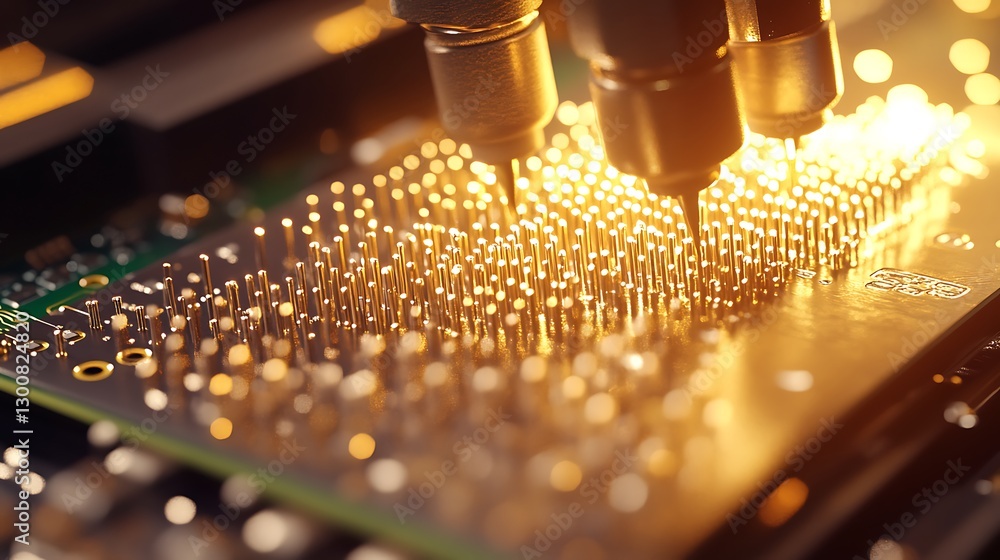 Aufkleber a macro shot of tiny gold pins being inserted into a motherboard socket by an automated machine, wit