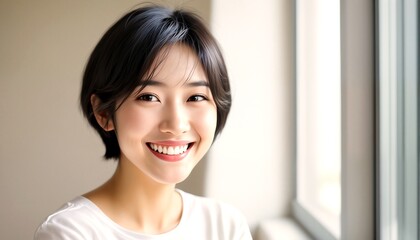 Obraz premium A portrait of a young woman with short hair and a white shirt standing by a window.