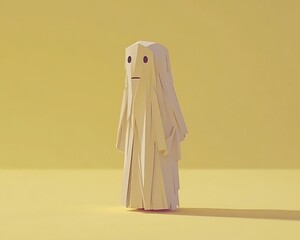 3D render of a paper ghost against a yellow background