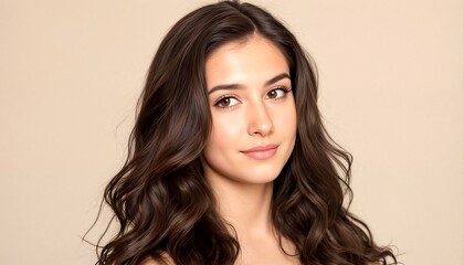 Naklejka premium A close-up photograph of a woman with long brown hair and a neutral background.