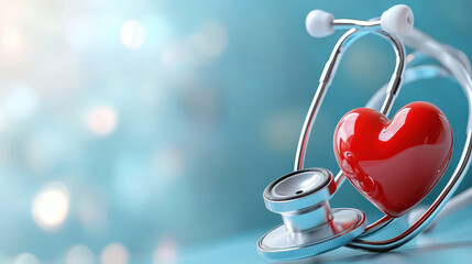 stethoscope with red heart symbolizes healthcare and medical care on soft blue background. glowing heartbeat effect adds sense of vitality and wellness