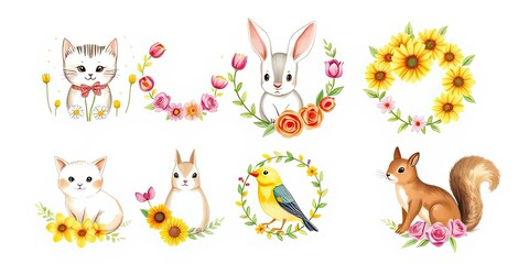 Adorable Spring Animals Flower Wreaths Cute Kittens Bunny Bird Squirrel Watercolor Illustration