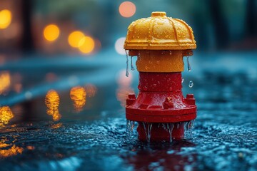 Colorful fire hydrant drips in urban rain