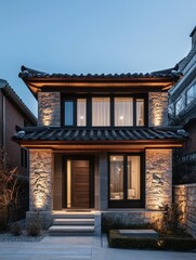 Fototapeta premium A Stone Facade Japanese Style Home at Night