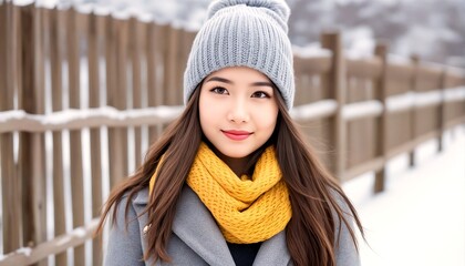 Asian woman wearing a yellow scarf and grey beanie hat standing outside during winter.