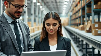 Smiling business people working using laptops and tablets in warehouse - Powered by Adobe