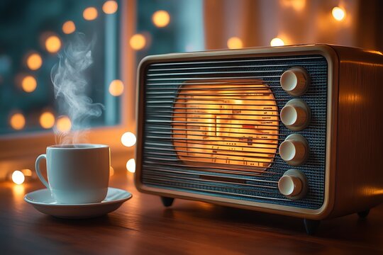 Cozy radio & coffee, warm evening glow