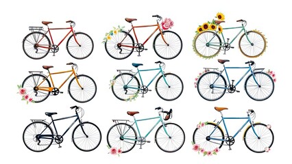 Naklejka premium Colorful Bicycle Collection Floral Decor Vintage Bikes Summer Ride